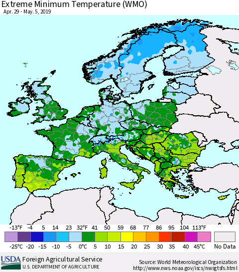 Europe Minimum Daily Temperature (WMO) Thematic Map For 4/29/2019 - 5/5/2019