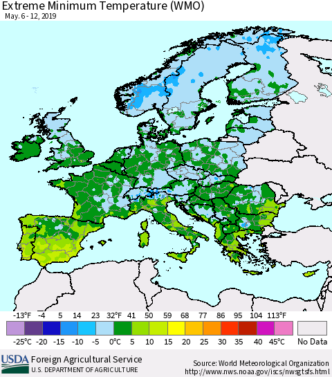 Europe Minimum Daily Temperature (WMO) Thematic Map For 5/6/2019 - 5/12/2019