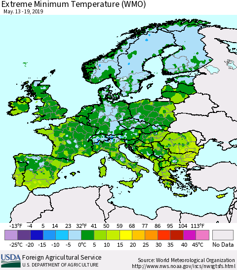Europe Minimum Daily Temperature (WMO) Thematic Map For 5/13/2019 - 5/19/2019