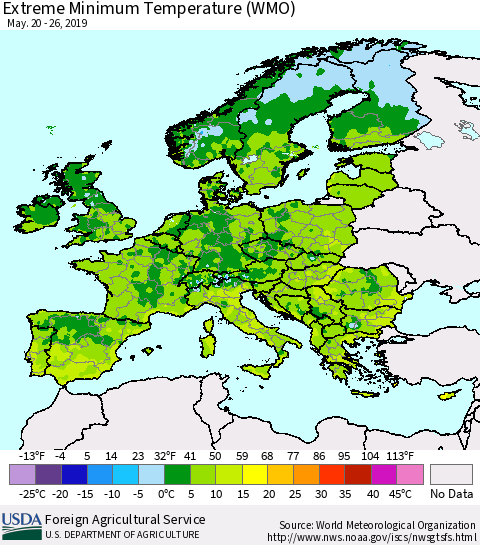 Europe Minimum Daily Temperature (WMO) Thematic Map For 5/20/2019 - 5/26/2019