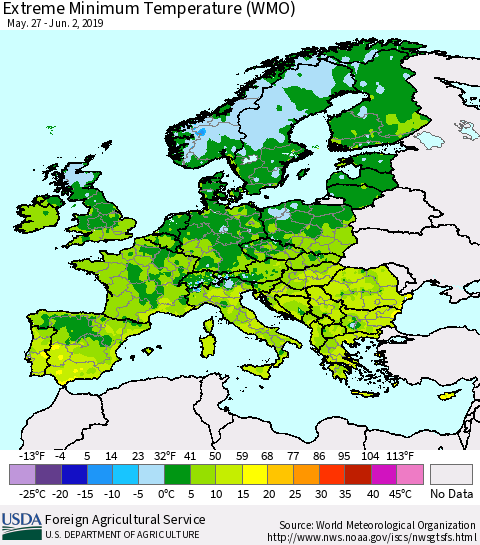 Europe Minimum Daily Temperature (WMO) Thematic Map For 5/27/2019 - 6/2/2019
