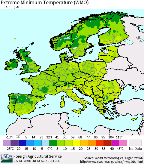 Europe Minimum Daily Temperature (WMO) Thematic Map For 6/3/2019 - 6/9/2019