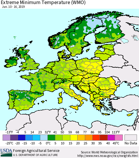 Europe Minimum Daily Temperature (WMO) Thematic Map For 6/10/2019 - 6/16/2019