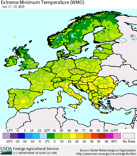 Europe Minimum Daily Temperature (WMO) Thematic Map For 6/17/2019 - 6/23/2019