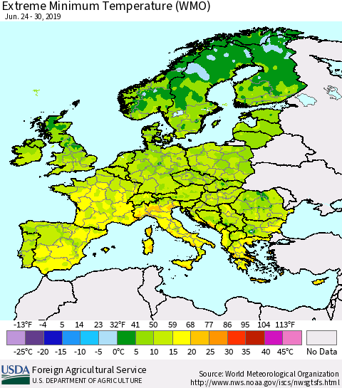 Europe Minimum Daily Temperature (WMO) Thematic Map For 6/24/2019 - 6/30/2019
