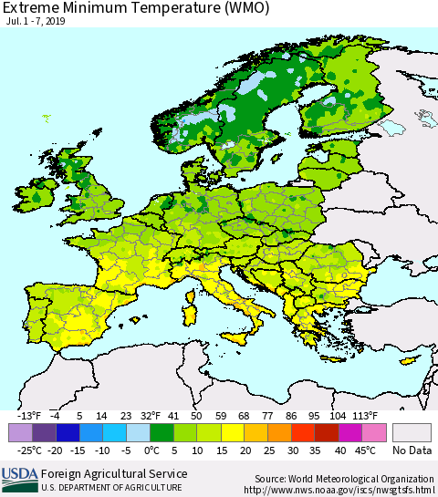 Europe Minimum Daily Temperature (WMO) Thematic Map For 7/1/2019 - 7/7/2019