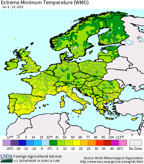 Europe Minimum Daily Temperature (WMO) Thematic Map For 7/8/2019 - 7/14/2019