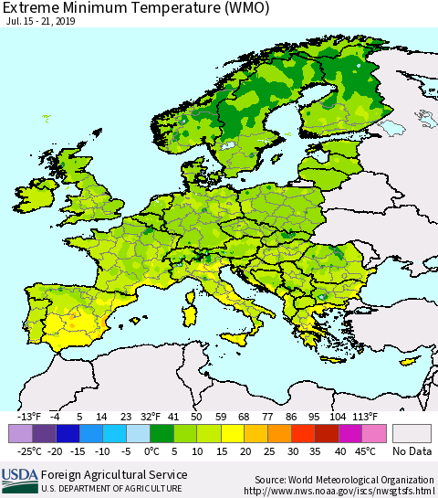 Europe Minimum Daily Temperature (WMO) Thematic Map For 7/15/2019 - 7/21/2019