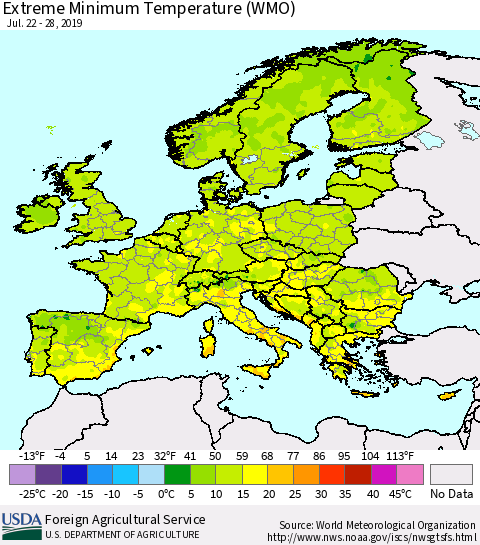 Europe Minimum Daily Temperature (WMO) Thematic Map For 7/22/2019 - 7/28/2019