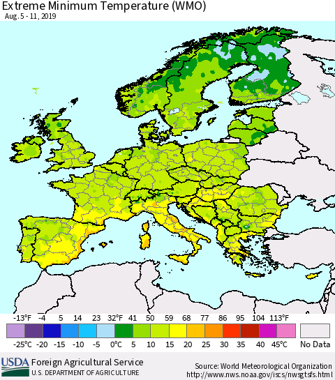 Europe Minimum Daily Temperature (WMO) Thematic Map For 8/5/2019 - 8/11/2019