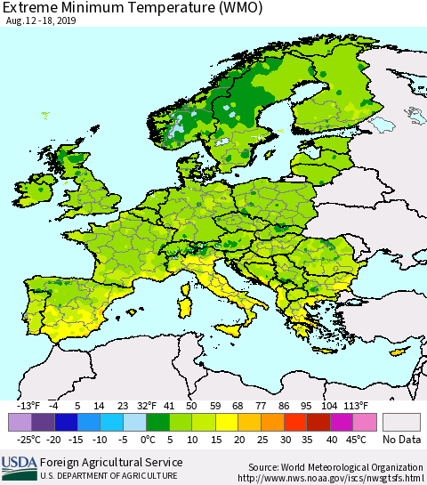 Europe Minimum Daily Temperature (WMO) Thematic Map For 8/12/2019 - 8/18/2019