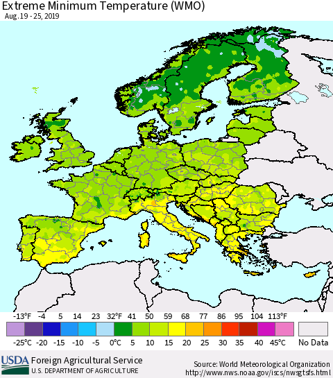 Europe Minimum Daily Temperature (WMO) Thematic Map For 8/19/2019 - 8/25/2019