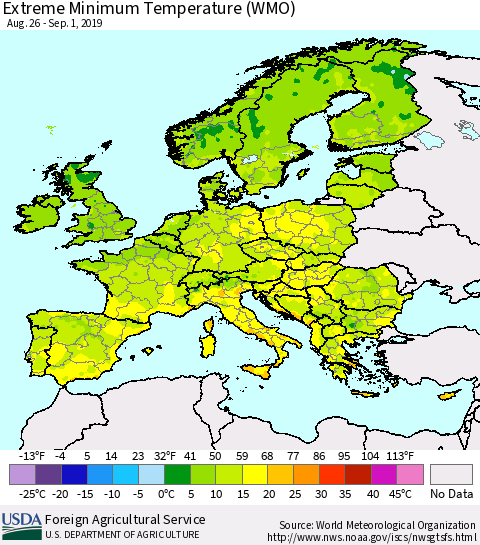 Europe Minimum Daily Temperature (WMO) Thematic Map For 8/26/2019 - 9/1/2019