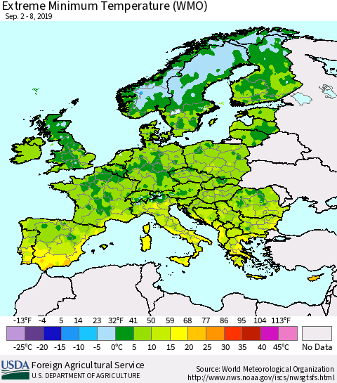 Europe Minimum Daily Temperature (WMO) Thematic Map For 9/2/2019 - 9/8/2019
