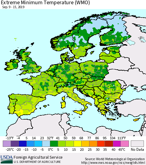 Europe Minimum Daily Temperature (WMO) Thematic Map For 9/9/2019 - 9/15/2019