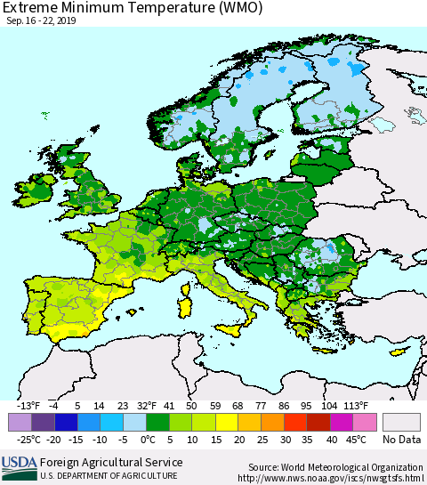 Europe Minimum Daily Temperature (WMO) Thematic Map For 9/16/2019 - 9/22/2019