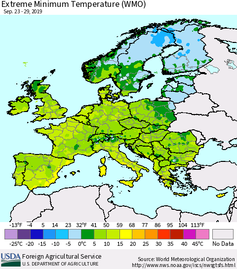 Europe Minimum Daily Temperature (WMO) Thematic Map For 9/23/2019 - 9/29/2019