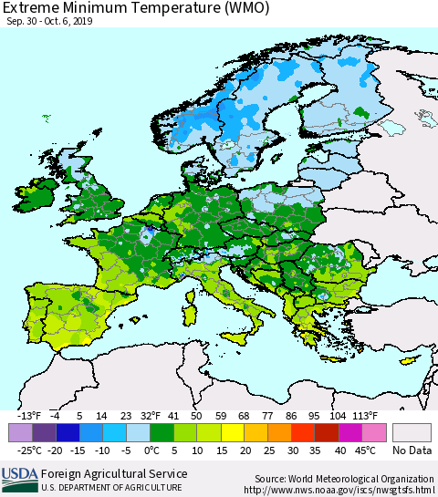 Europe Minimum Daily Temperature (WMO) Thematic Map For 9/30/2019 - 10/6/2019