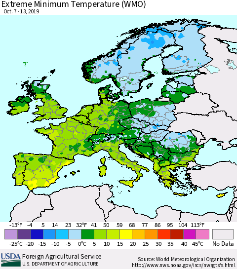 Europe Minimum Daily Temperature (WMO) Thematic Map For 10/7/2019 - 10/13/2019