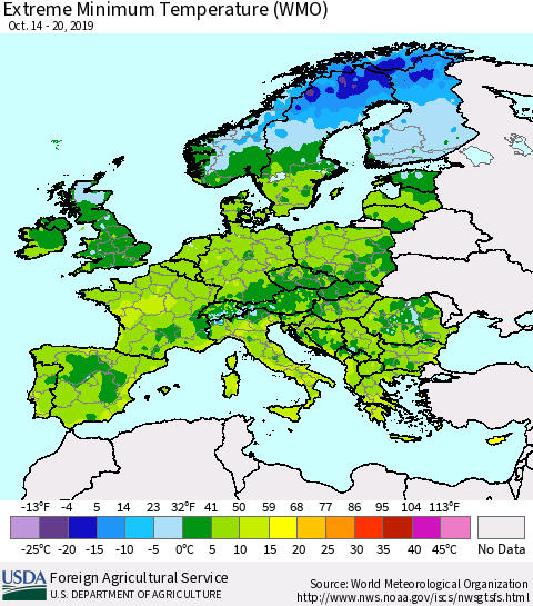 Europe Minimum Daily Temperature (WMO) Thematic Map For 10/14/2019 - 10/20/2019