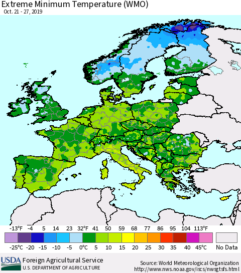 Europe Minimum Daily Temperature (WMO) Thematic Map For 10/21/2019 - 10/27/2019