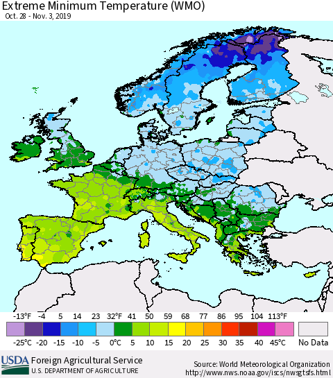 Europe Minimum Daily Temperature (WMO) Thematic Map For 10/28/2019 - 11/3/2019