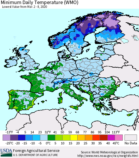 Europe Minimum Daily Temperature (WMO) Thematic Map For 3/2/2020 - 3/8/2020