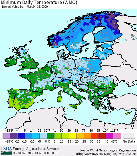 Europe Minimum Daily Temperature (WMO) Thematic Map For 3/9/2020 - 3/15/2020
