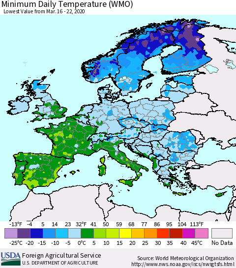 Europe Minimum Daily Temperature (WMO) Thematic Map For 3/16/2020 - 3/22/2020