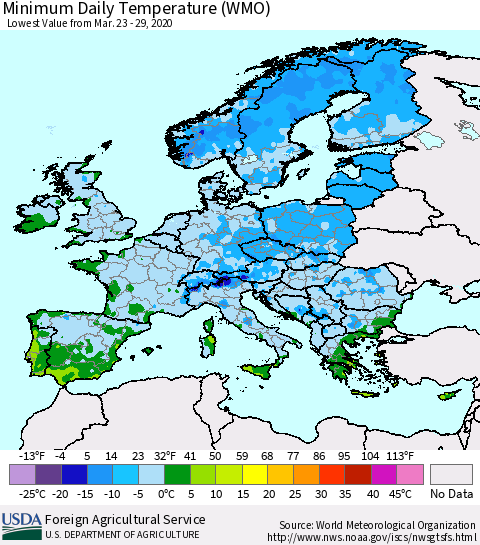 Europe Minimum Daily Temperature (WMO) Thematic Map For 3/23/2020 - 3/29/2020