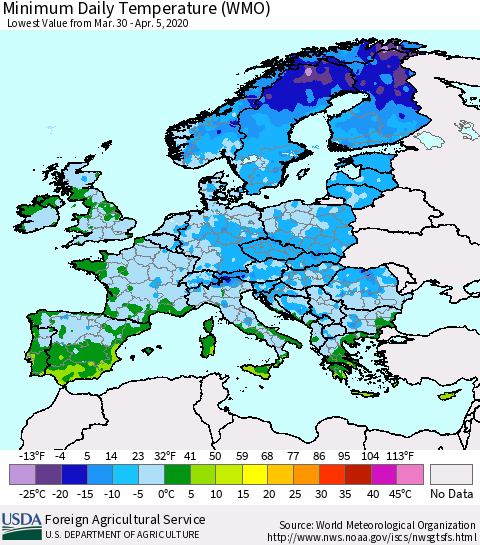 Europe Minimum Daily Temperature (WMO) Thematic Map For 3/30/2020 - 4/5/2020