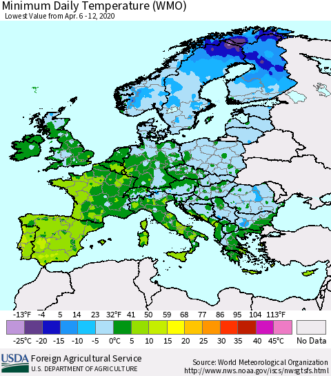 Europe Minimum Daily Temperature (WMO) Thematic Map For 4/6/2020 - 4/12/2020