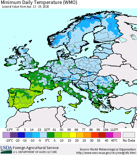 Europe Minimum Daily Temperature (WMO) Thematic Map For 4/13/2020 - 4/19/2020