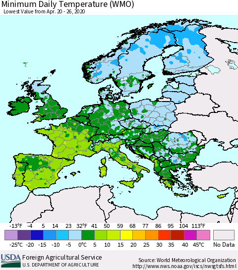 Europe Minimum Daily Temperature (WMO) Thematic Map For 4/20/2020 - 4/26/2020