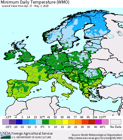 Europe Minimum Daily Temperature (WMO) Thematic Map For 4/27/2020 - 5/3/2020