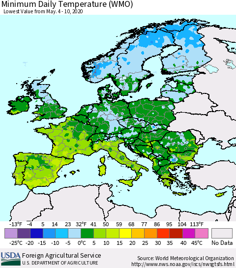Europe Minimum Daily Temperature (WMO) Thematic Map For 5/4/2020 - 5/10/2020