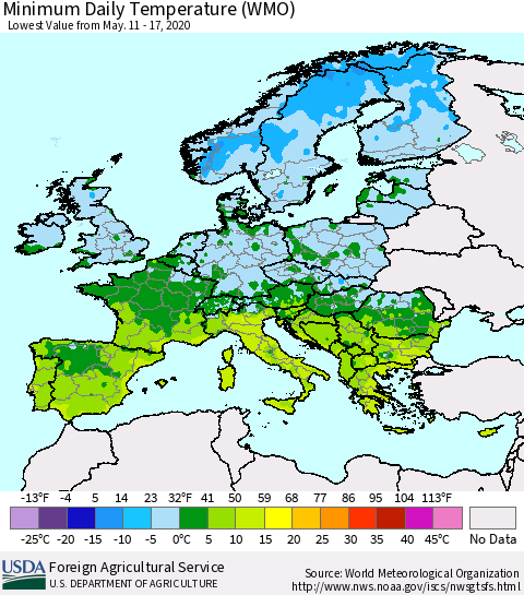 Europe Minimum Daily Temperature (WMO) Thematic Map For 5/11/2020 - 5/17/2020