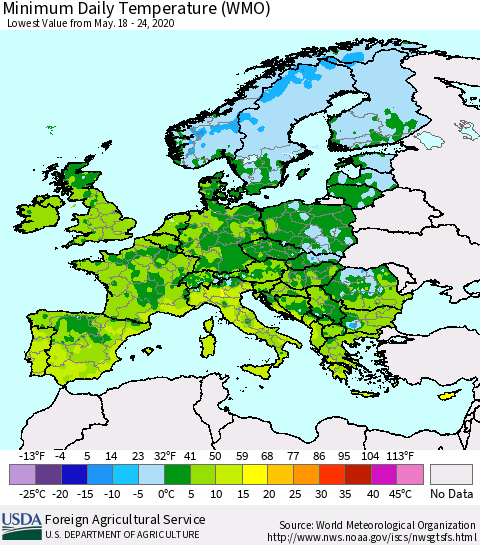 Europe Minimum Daily Temperature (WMO) Thematic Map For 5/18/2020 - 5/24/2020