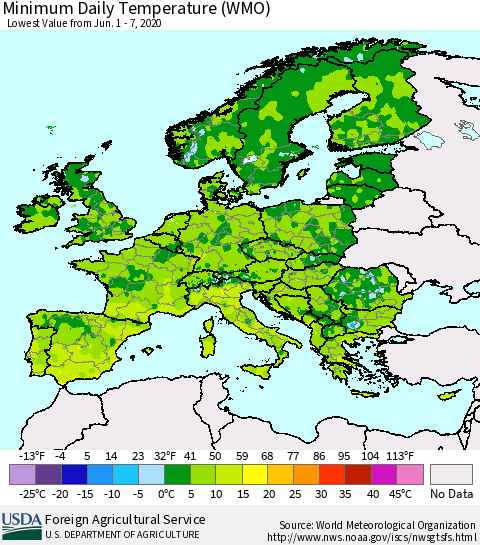 Europe Minimum Daily Temperature (WMO) Thematic Map For 6/1/2020 - 6/7/2020