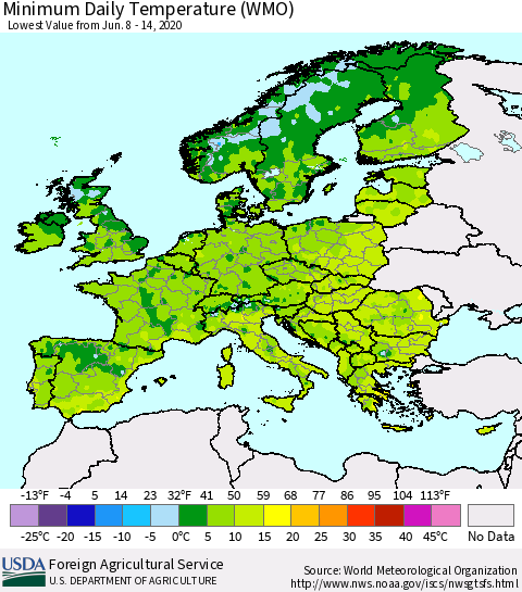 Europe Minimum Daily Temperature (WMO) Thematic Map For 6/8/2020 - 6/14/2020