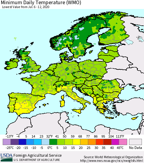 Europe Minimum Daily Temperature (WMO) Thematic Map For 7/6/2020 - 7/12/2020