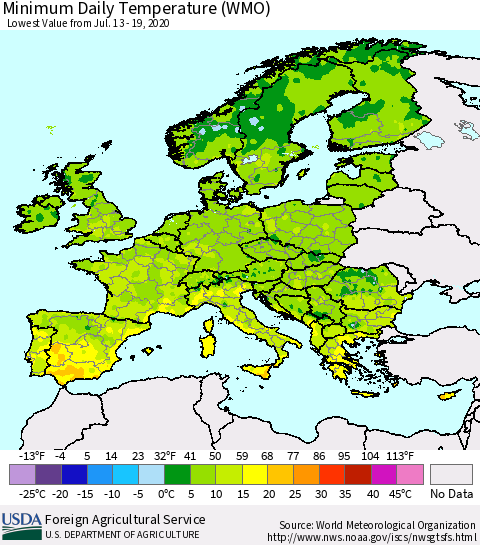Europe Minimum Daily Temperature (WMO) Thematic Map For 7/13/2020 - 7/19/2020