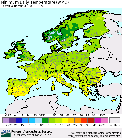 Europe Minimum Daily Temperature (WMO) Thematic Map For 7/20/2020 - 7/26/2020