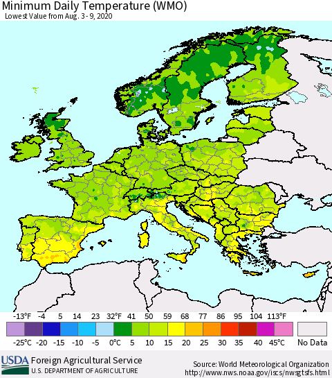 Europe Minimum Daily Temperature (WMO) Thematic Map For 8/3/2020 - 8/9/2020