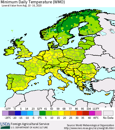 Europe Minimum Daily Temperature (WMO) Thematic Map For 8/10/2020 - 8/16/2020