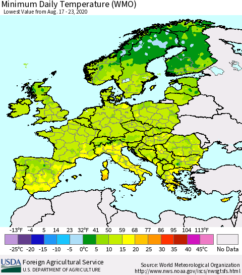 Europe Minimum Daily Temperature (WMO) Thematic Map For 8/17/2020 - 8/23/2020