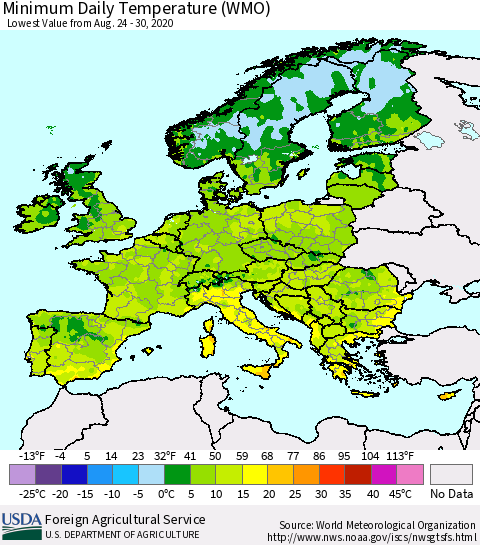 Europe Minimum Daily Temperature (WMO) Thematic Map For 8/24/2020 - 8/30/2020
