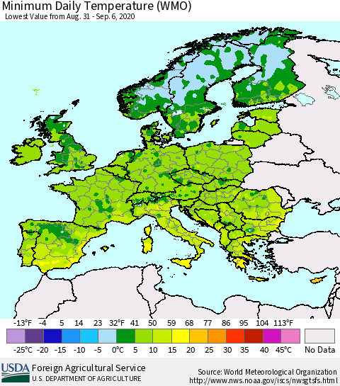 Europe Minimum Daily Temperature (WMO) Thematic Map For 8/31/2020 - 9/6/2020