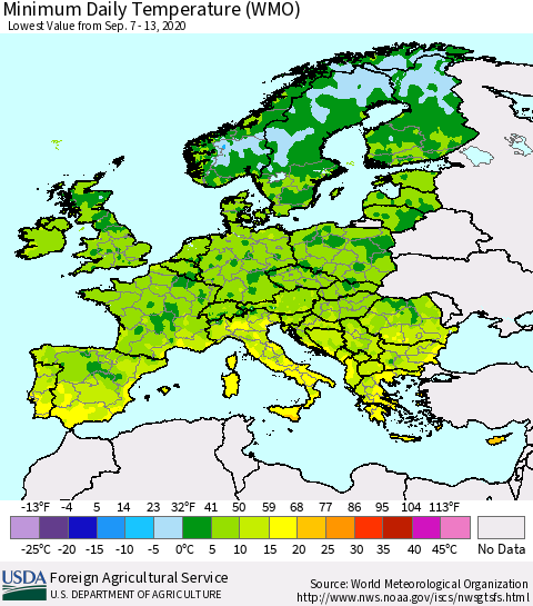Europe Minimum Daily Temperature (WMO) Thematic Map For 9/7/2020 - 9/13/2020