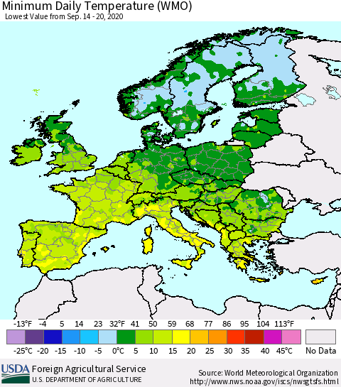 Europe Minimum Daily Temperature (WMO) Thematic Map For 9/14/2020 - 9/20/2020